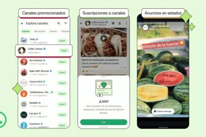 "Interfaz de WhatsApp con anuncios integrados en canales y estados, reflejando la estrategia comercial de Meta"