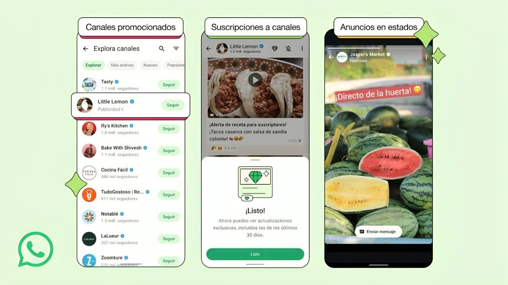 "Interfaz de WhatsApp con anuncios integrados en canales y estados, reflejando la estrategia comercial de Meta"