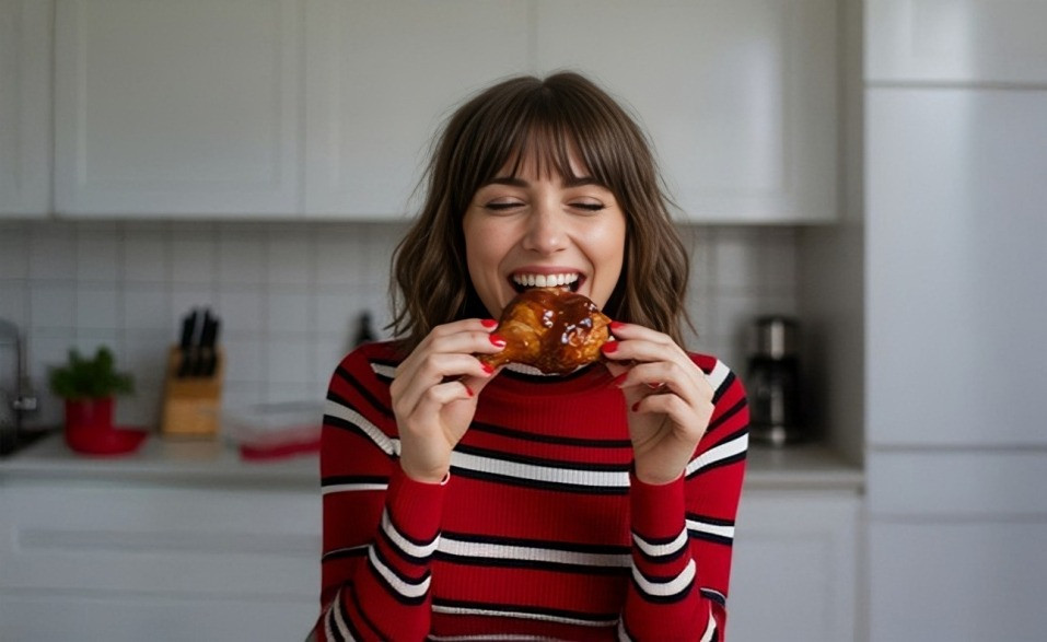 Mujer degustando pollo