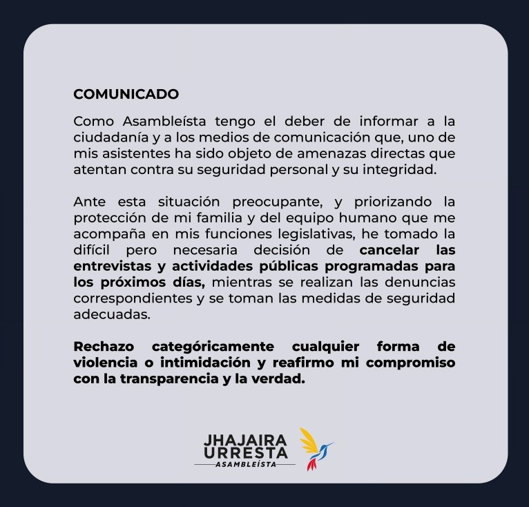 Jhajaira Urresta denuncia amenazas contra su asistente