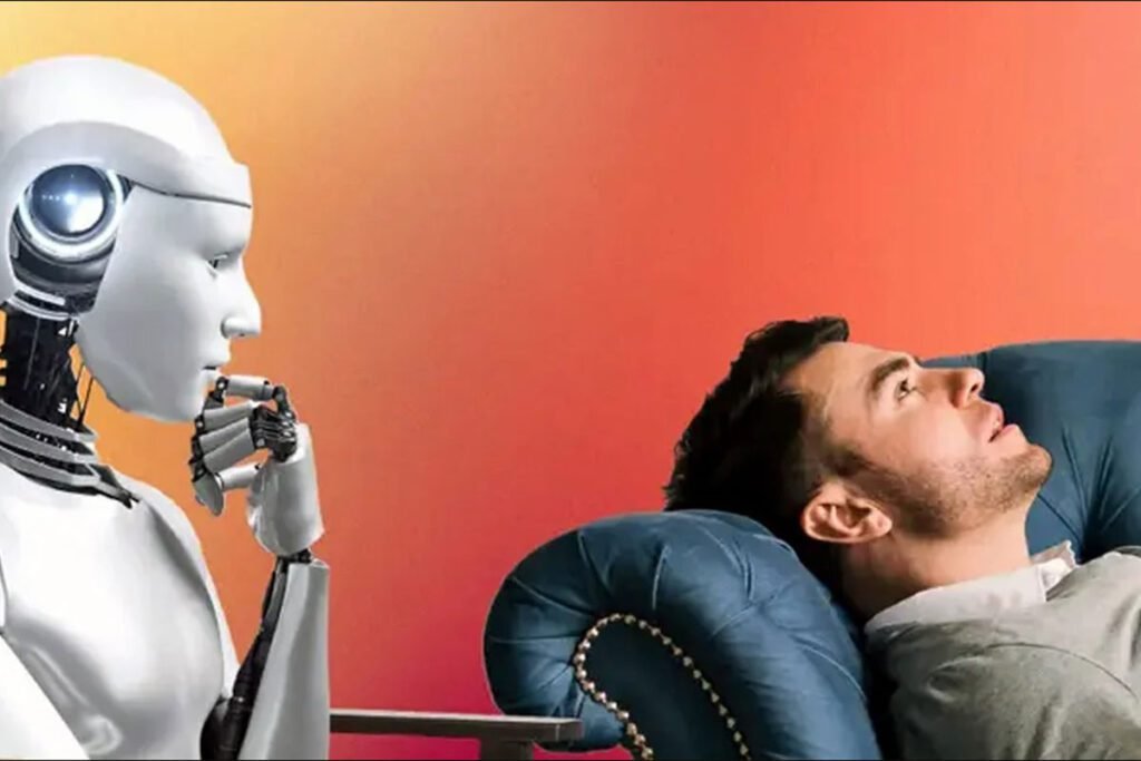 Joven interactuando con un chatbot de inteligencia artificial durante una sesión de terapia virtual