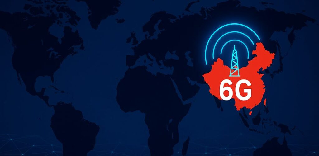 Antena de telecomunicaciones 6G de China Mobile con ondas digitales representando conectividad 6G en China de alta velocidad