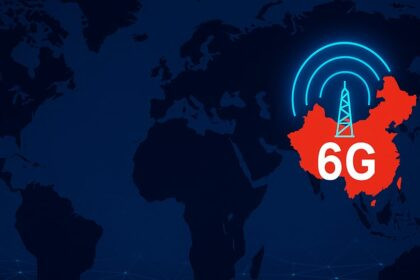 Antena de telecomunicaciones 6G de China Mobile con ondas digitales representando conectividad 6G en China de alta velocidad