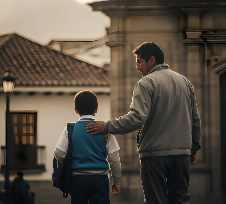 Familia ecuatoriana caminando segura por la calle durante regreso a clases con mochila escolar