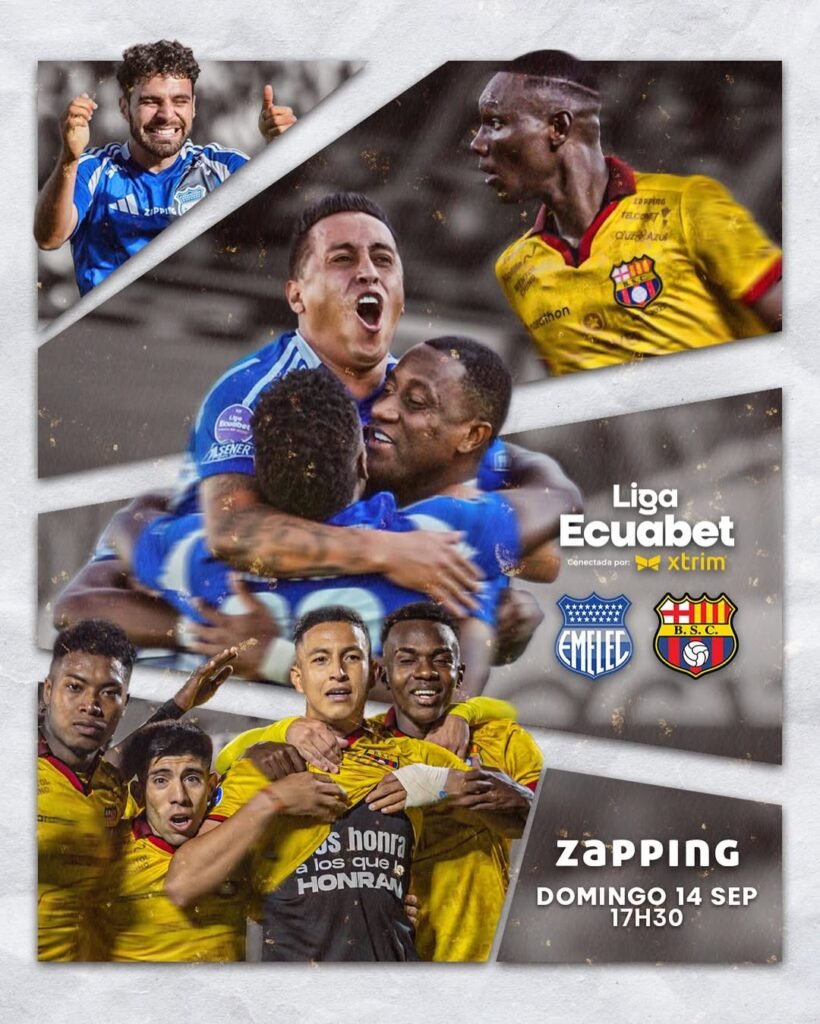 Jugadores de Emelec y Barcelona disputando el Clásico del Astillero con transmisión de Zapping
