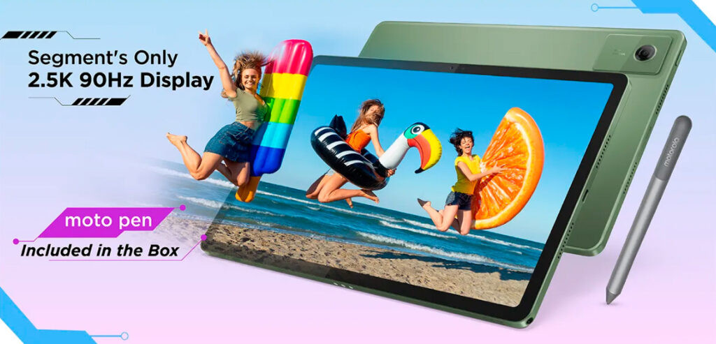 Imagen oficial de la Motorola Moto Pad 60 Neo destacando su construcción premium, pantalla LCD de alta resolución y Moto Pen incluido en el paquete de venta