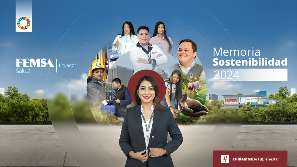 Ejecutivos FEMSA Salud Ecuador presentan memoria de sostenibilidad 2024 con gráficos ambientales