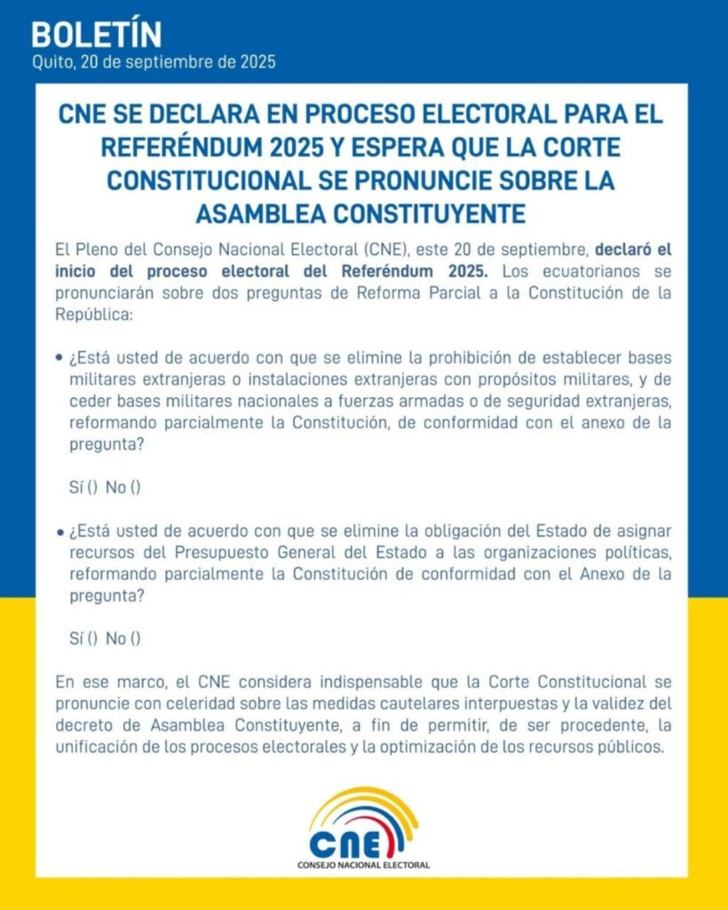 Autoridades del CNE durante la sesión que declaró el inicio del período electoral en Ecuador para el Referendo y Consulta Popular 2025.