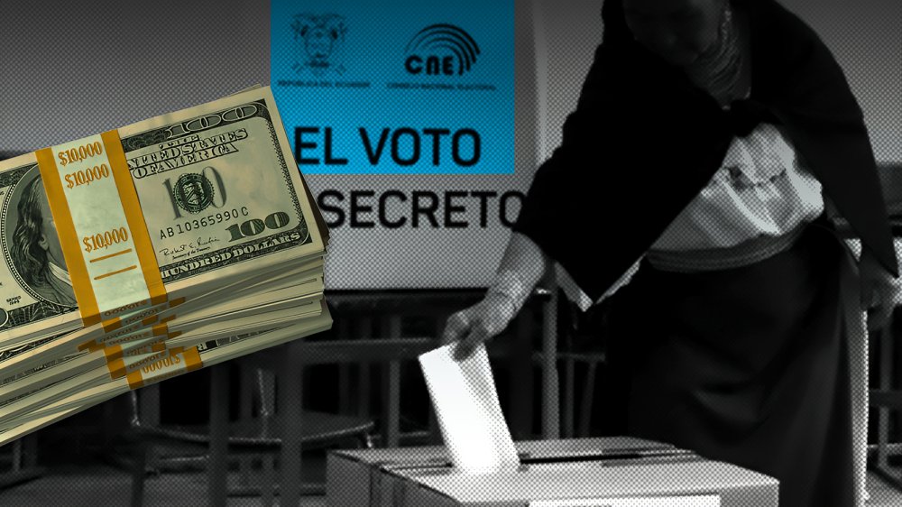 Fajos de dólares sobre urna electoral representando el gasto de Ecuador en consultas populares desde 2011