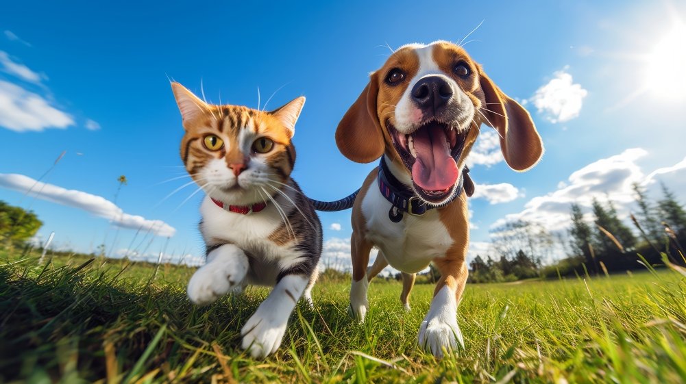 Familia ecuatoriana feliz con perro y gato cubiertos por seguro mascota protegida en Ecuador