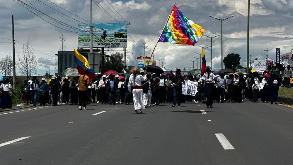 Marcha pacífica en Imbabura con miles de manifestantes indígenas en la vía E35 cerca de Cotacachi el 23 de octubre de 2025