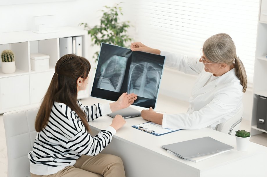 Radiografía de tórax mostrando pulmones con imagen relacionada al cáncer de pulmón para diagnóstico médico