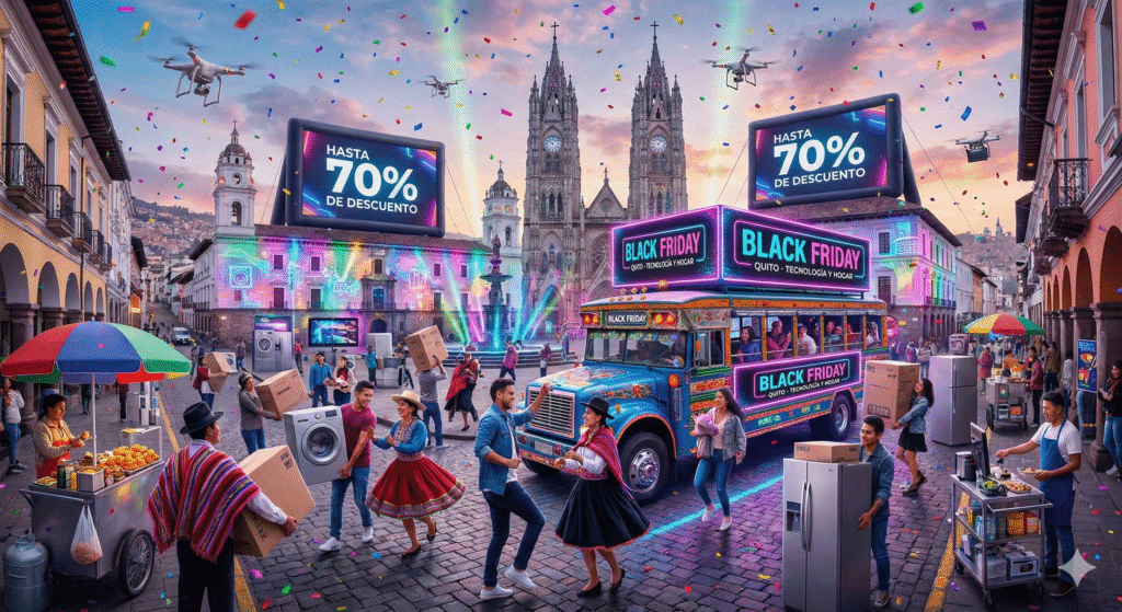 Compradores caminan por centro comercial durante Black Friday en Quito observando ofertas de tecnología y electrodomésticos con descuentos hasta 70%