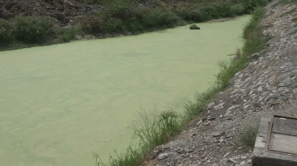 Río Daule mostrando contaminación visible con residuos industriales y desechos químicos afectando abastecimiento de agua en Guayaquil
