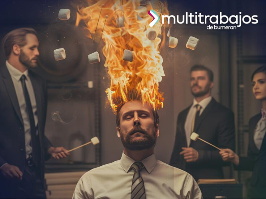 Persona trabajadora ecuatoriana mostrando síntomas de agotamiento laboral y estrés por síndrome de burnout en oficina