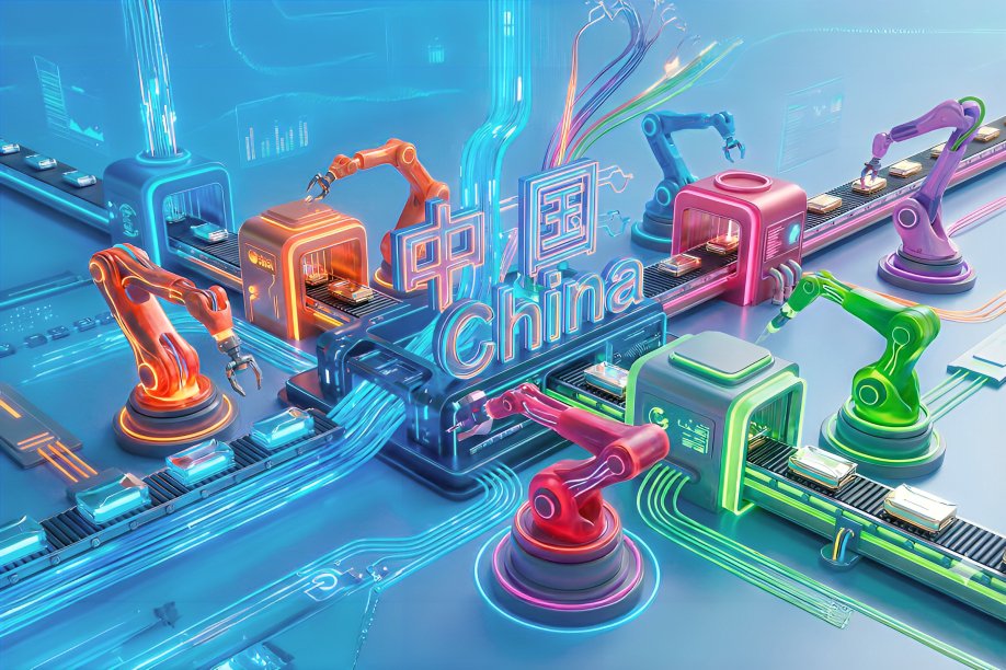 Robots industriales con inteligencia artificial operando en fábrica china automatizada con brazos mecánicos y sistemas de producción avanzados