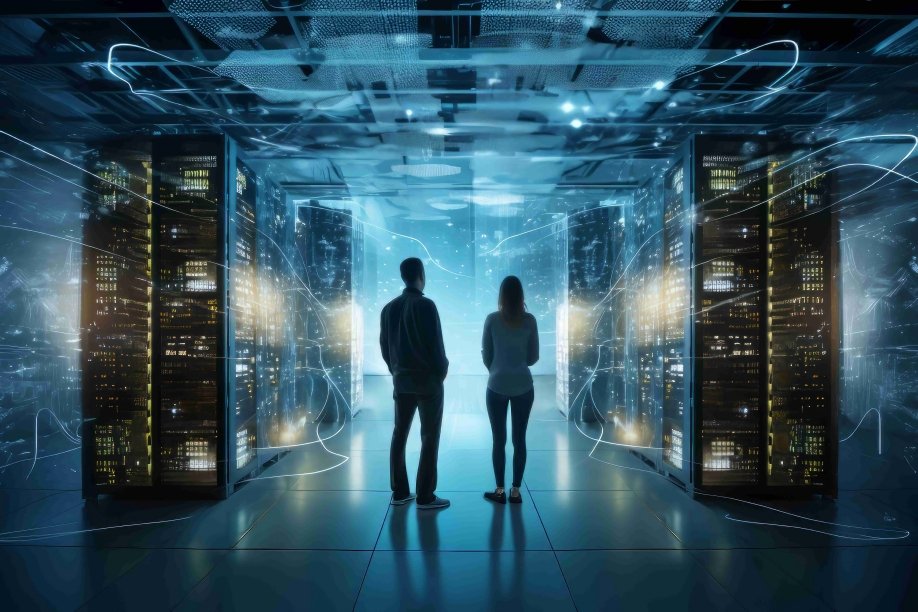 Centro de datos moderno con servidores iluminados y sistemas de refrigeración para infraestructura de IA
