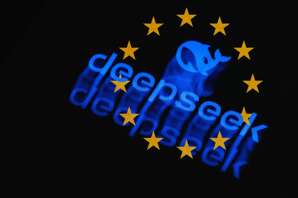 Infografía que representa la soberanía digital europea mediante mapas digitales y redes neuronales.