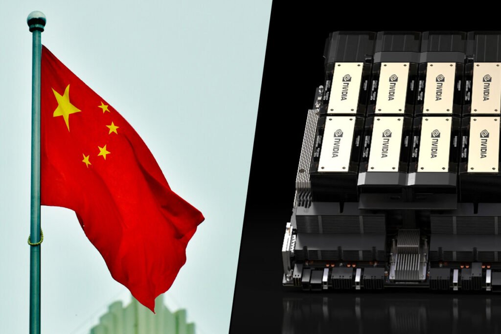 Infografía técnica que detalla la arquitectura de los chips H200 de NVIDIA y su despliegue en el mercado chino.