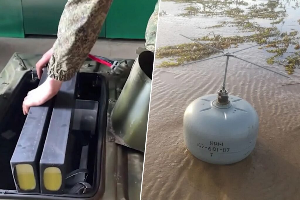 Infografía técnica que muestra el despliegue de minas YaRM mediante drones de superficie Sirius-82 en un entorno fluvial.