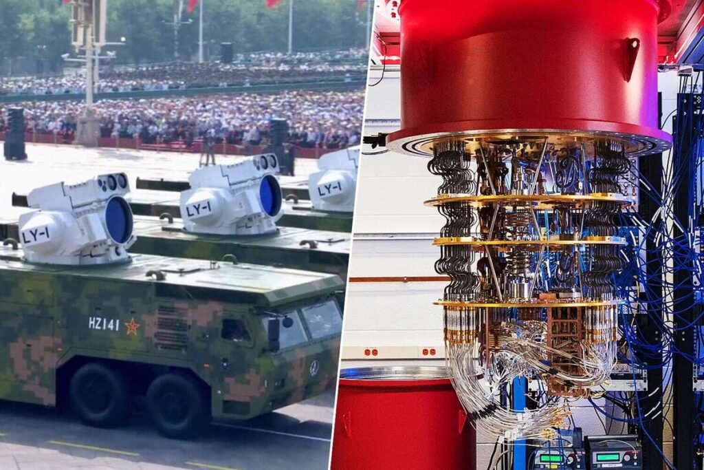 Representación digital de armas cuánticas chinas procesando datos militares de alta complejidad a gran velocidad.