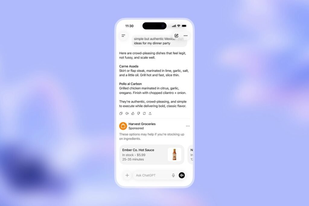 Interfaz de usuario mostrando la ubicación de los nuevos anuncios en ChatGPT al final de una respuesta.