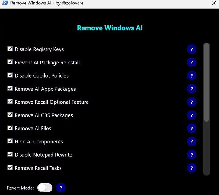 Interfaz de PowerShell configurada para eliminar IA de Windows de forma permanente.