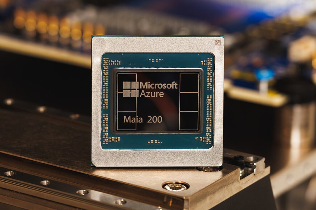 Infografía técnica del chip Maia 200 destacando su arquitectura de 3nm y memoria HBM3e para Azure.
