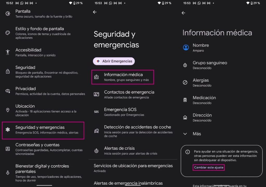 Interfaz de usuario mostrando la configuración de datos clínicos y contactos de emergencia en la pantalla de un smartphone.