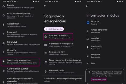 Interfaz de usuario mostrando la configuración de datos clínicos y contactos de emergencia en la pantalla de un smartphone.