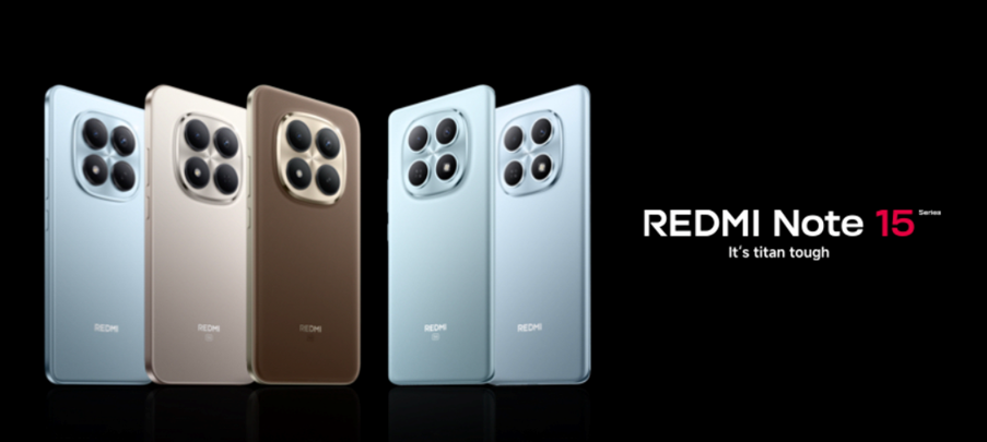 Infografía técnica de la serie REDMI Note 15 destacando su resistencia Titán y el sistema de cámara de 200MP.