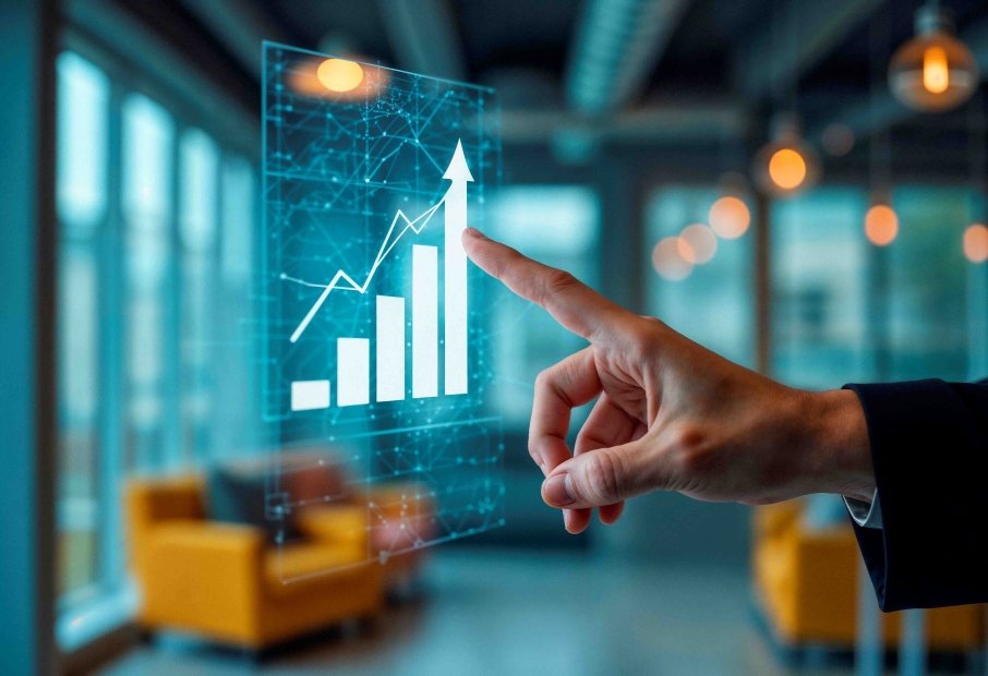 Profesionales analizando datos de inteligencia artificial en América Latina con gráficos financieros proyectados