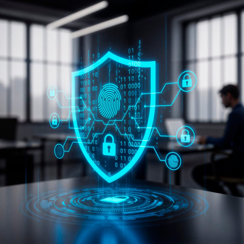 Persona usando smartphone para realizar pagos digitales en Ecuador con iconos de seguridad cibernética y candado virtual