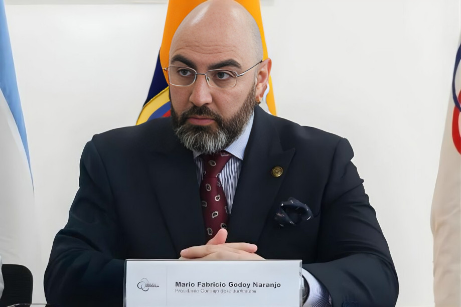 Mario Godoy durante sesión del Consejo de la Judicatura enfrentando proceso de juicio político en Ecuador 2026
