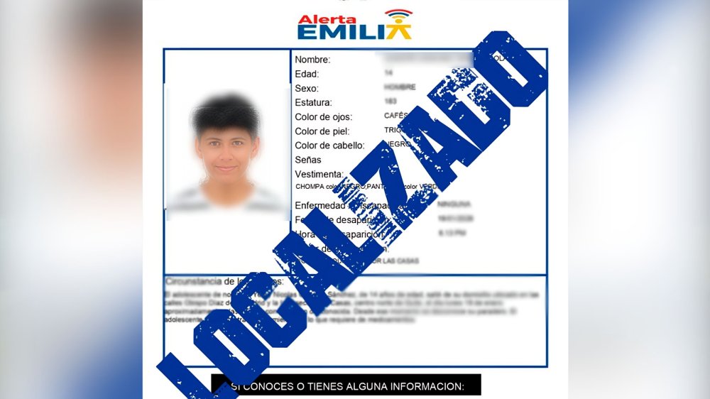 Reporte oficial de la Policía Nacional sobre localización de adolescente desaparecido en Quito Ecuador mediante sistema Alerta Emilia