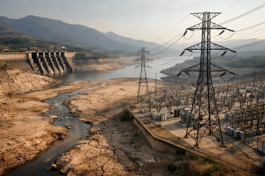 Central hidroeléctrica en Ecuador durante período de estiaje con bajo nivel de embalse y turbinas en operación reducida