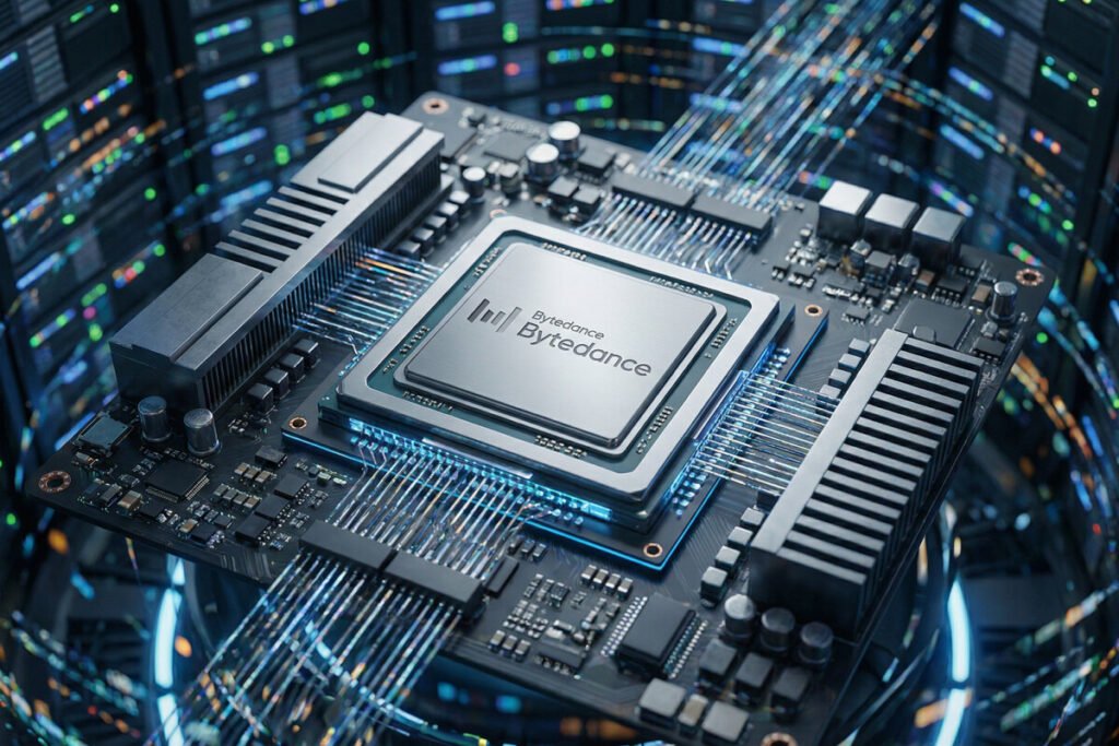 Representación técnica del chip Seedchip de ByteDance diseñado para optimizar la inferencia de modelos de IA generativa.