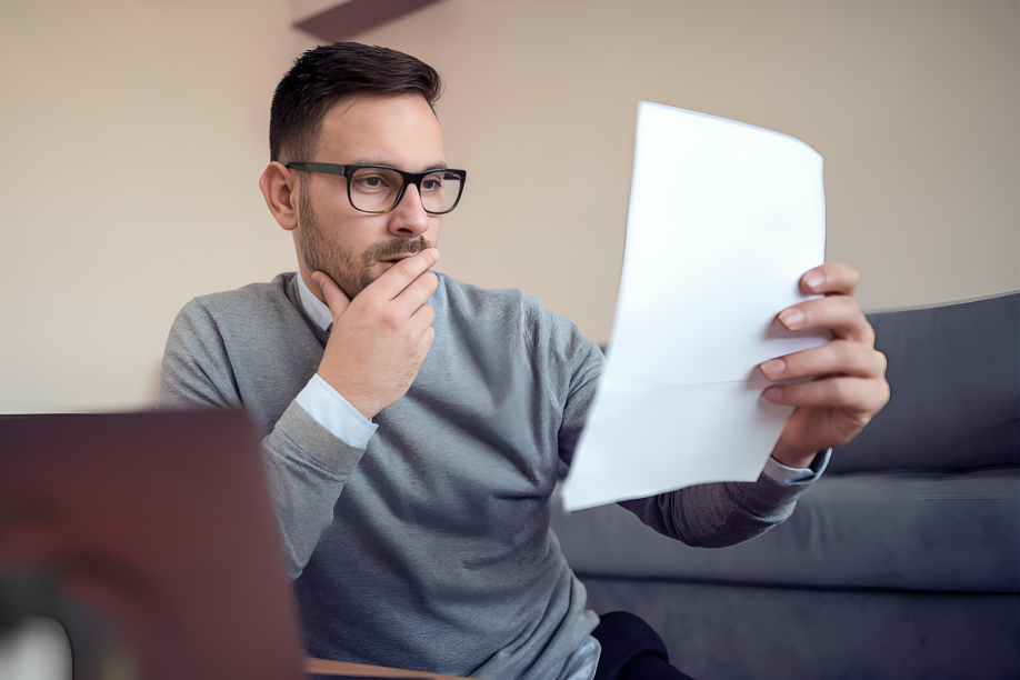 Mano sosteniendo una lupa que examina un documento de seguro, con iconos de advertencia sobre exclusiones y deducibles.