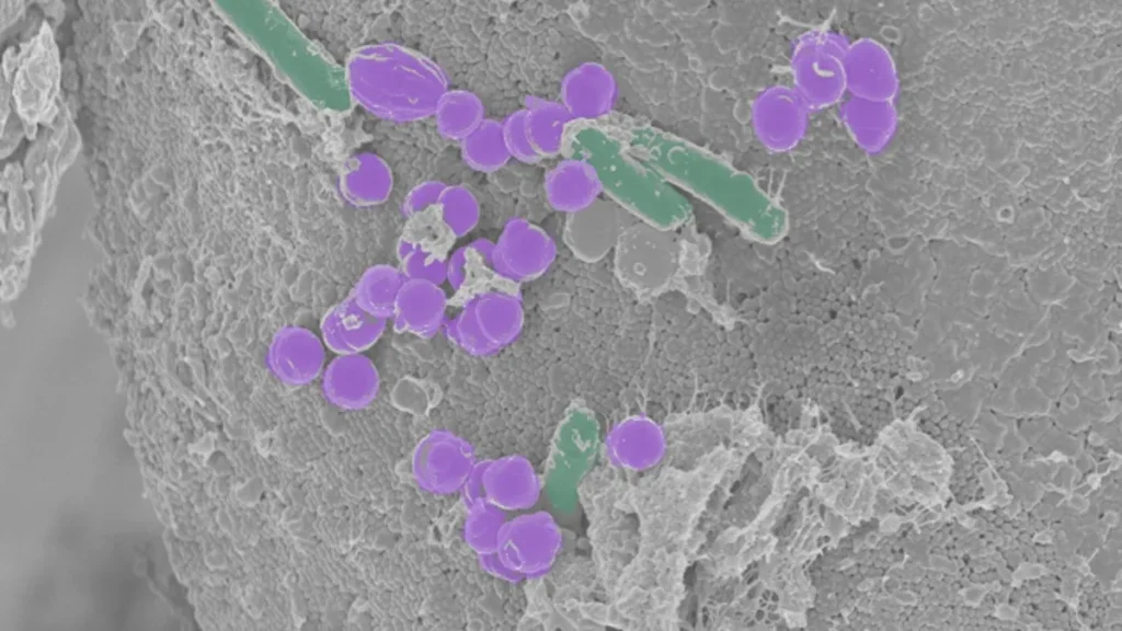 Microbioma intestinal diverso y saludable mostrando la cooperación y competencia entre bacterias.