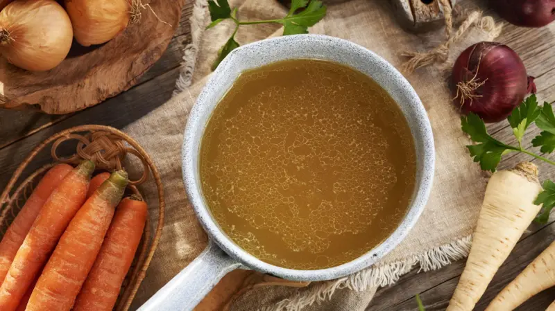 Alimentos virales promocionados para la salud intestinal, como caldo de huesos, chía y kombucha.