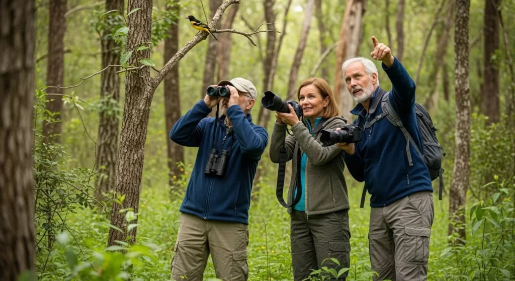 Observadores de aves disfrutando de la naturaleza y sus beneficios cognitivos.