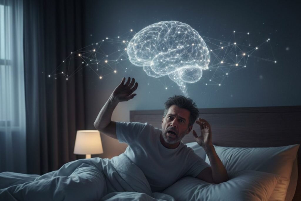 Persona durmiendo con movimientos bruscos asociados al trastorno de conducta del sueño REM aislado