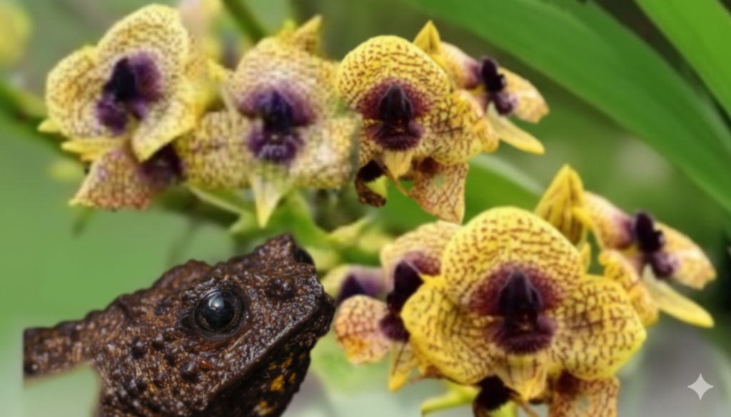 Collage con una rana andina, una orquídea Telipogon y una musaraña, nuevas especies descubiertas en Ecuador en 2025.