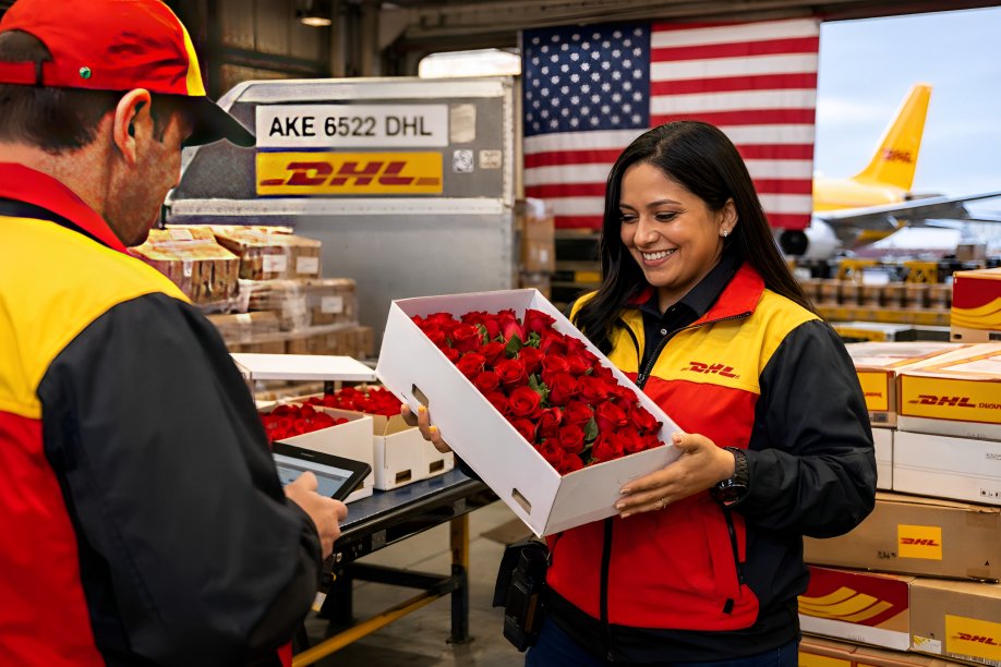 Rosas ecuatorianas empacadas para envío e-commerce puerta a puerta con tecnología de trazabilidad DHL