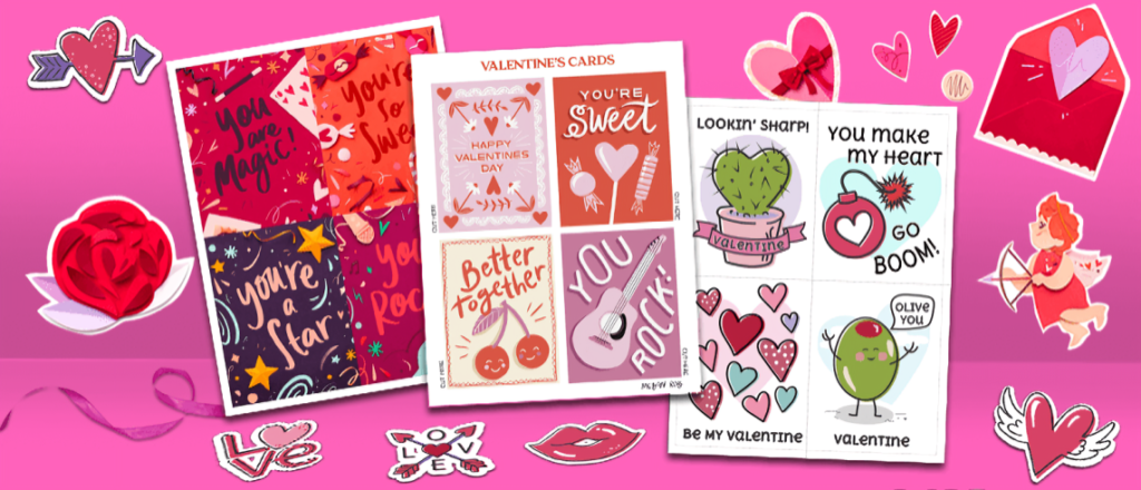 Impresora HP Smart Tank 580 junto a fotografías impresas, tarjetas personalizadas y materiales para manualidades de San Valentín.