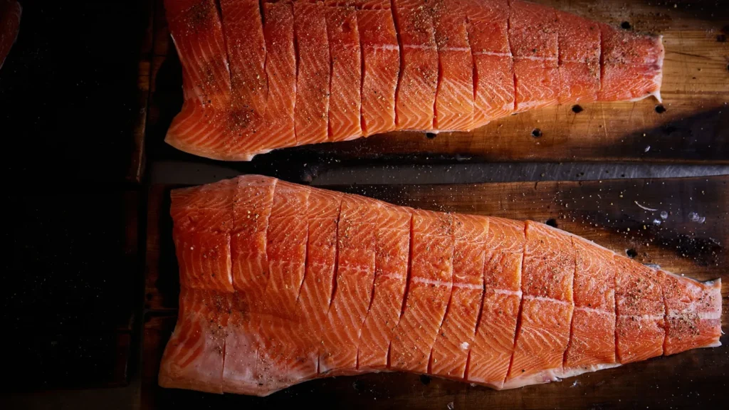 Alimentos frescos y saludables de la dieta nórdica, incluyendo bayas, pescado, verduras y cereales integrales."