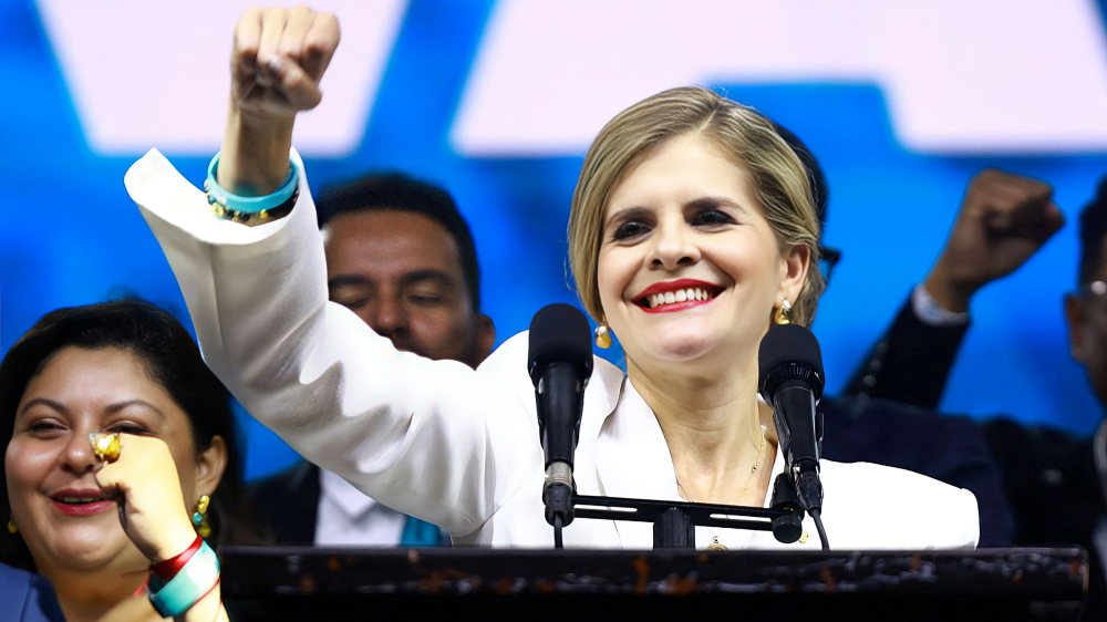 Laura Fernández, presidenta electa de Costa Rica, dando un discurso tras su victoria electoral en 2026.