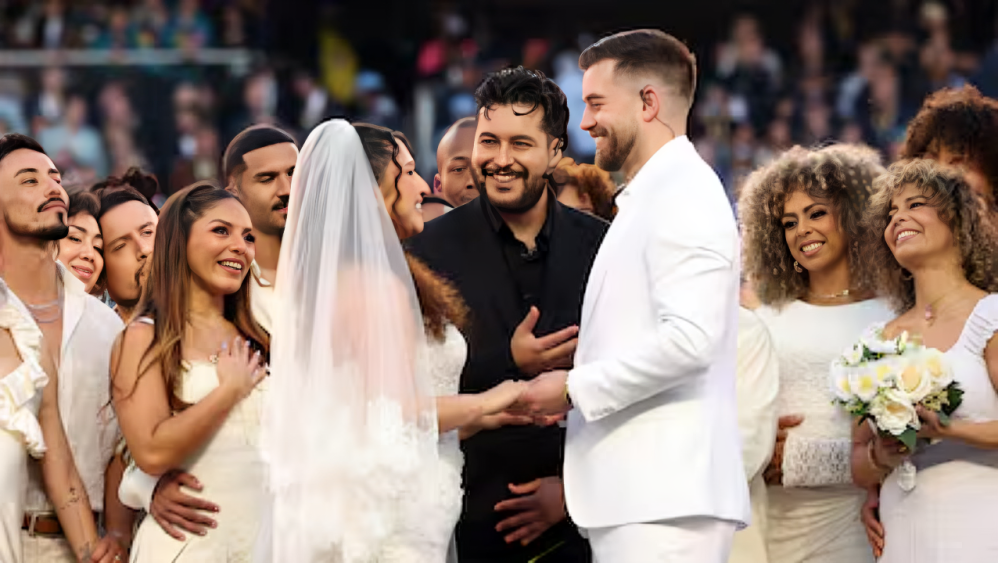 Momentos de la boda real celebrada en el escenario del Super Bowl durante la actuación de Bad Bunny y Lady Gaga.