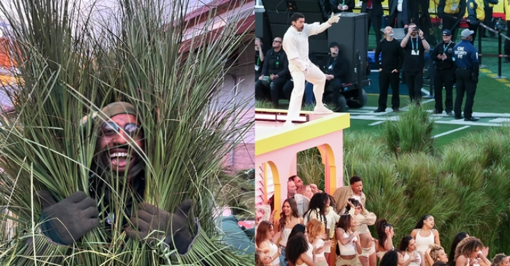 Andrew Athias con el disfraz completo de arbusto utilizado durante el Halftime Show del Super Bowl 2026 con Bad Bunny.