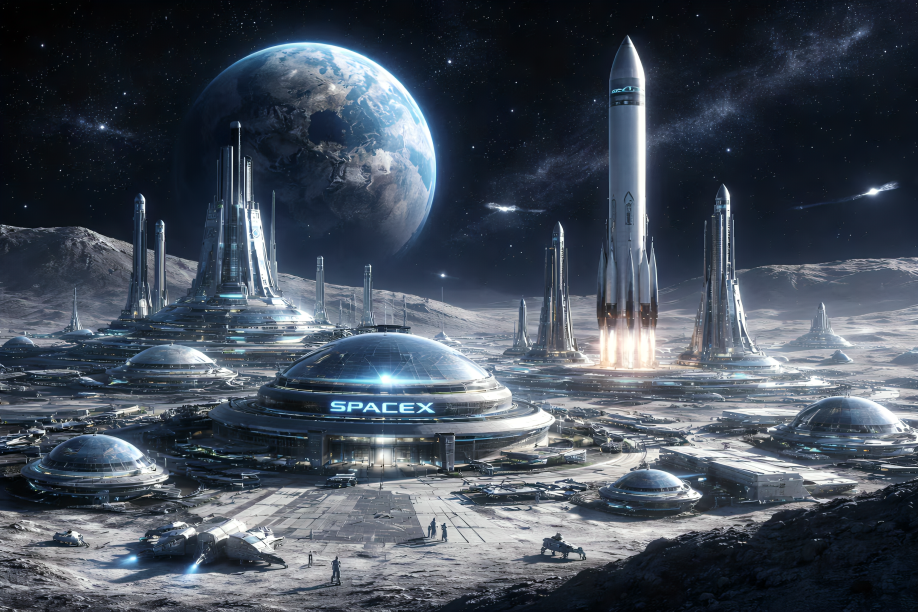 Ilustración conceptual de una ciudad con domos y estructuras en la superficie lunar, con la Tierra al fondo en el cielo negro.